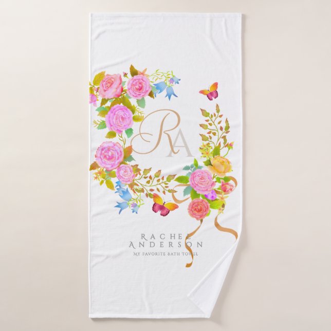 Jardin fleuri romantique monogramme blanc (Serviette de bain)