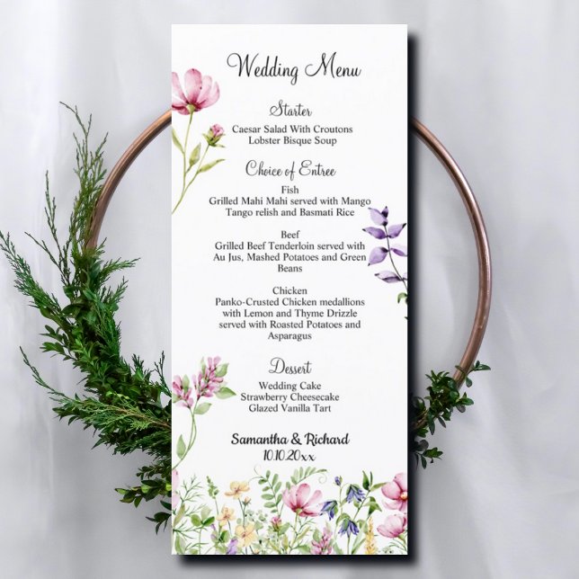 Jardin Fleurs Aquarelle 4x9" Menu Mariage (Créateur téléchargé)