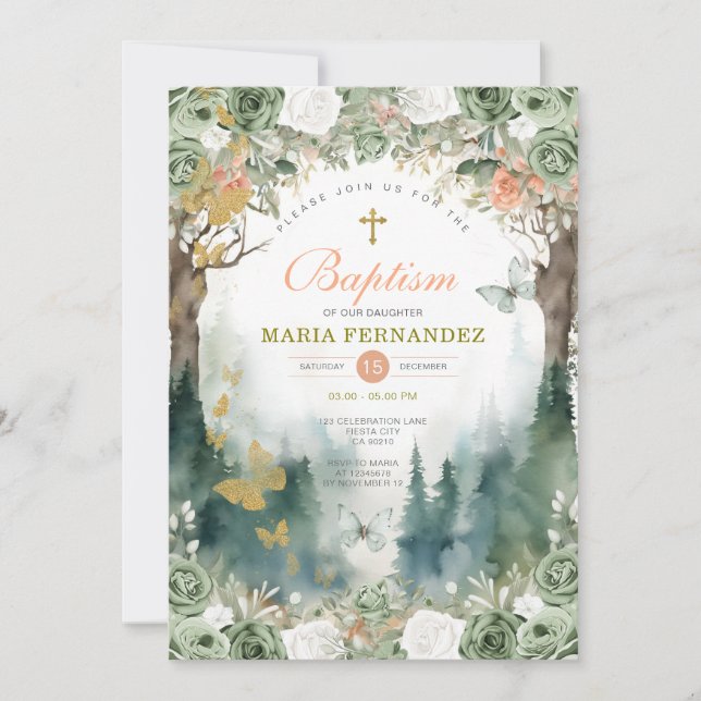 Jardin Fleurs de verdure Baptême Invitation (Devant)