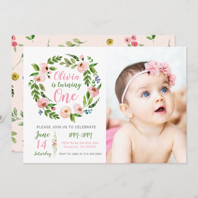 Jardin floral 1er anniversaire Invitation fille ph (Devant / Derrière)