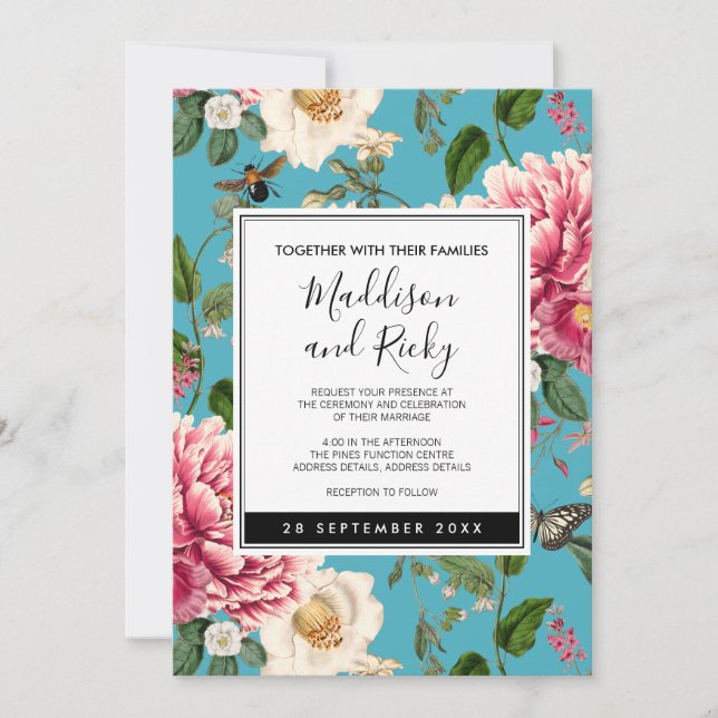 Jardin Floral Bleu Coloré Mariage Invitation (Devant)