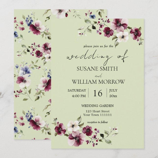 Jardin Floral Mariage Élégant Invitation verte (Devant / Derrière)