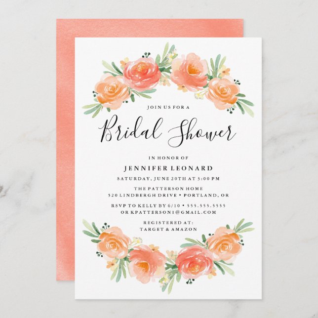Jardin Floral Pêche | Invitation de douche nuptial (Devant / Derrière)