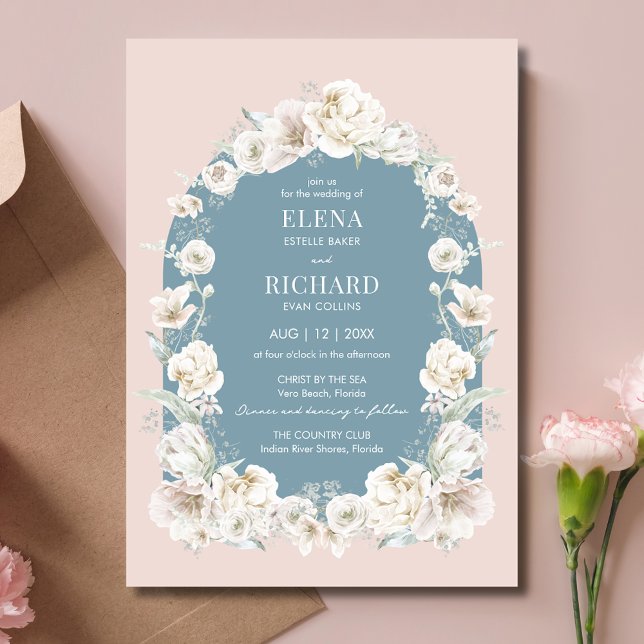 Jardin Floral Rose Bleu Blanc Mariage Invitation (Blush Pink Blue Floral Garden Wedding Invitation)