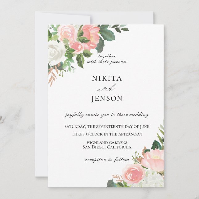 Jardin floral rose pâle Invitation de mariage (Devant)