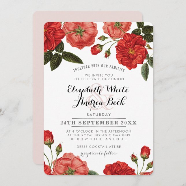 JARDIN MARIAGE INVITATION chic roses rouges fleurs (Devant / Derrière)