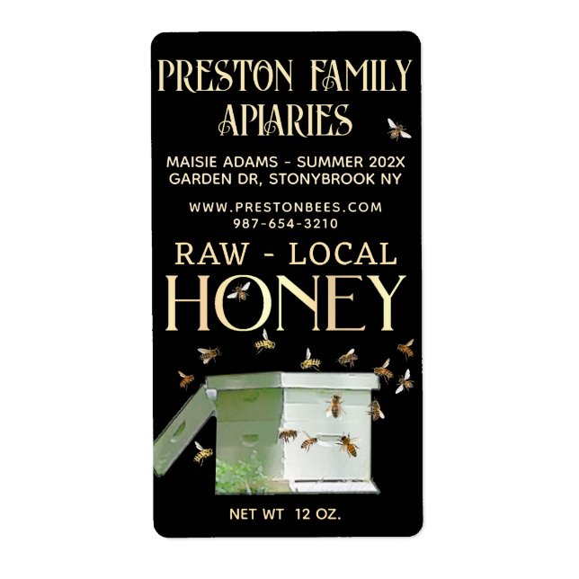 Jardin Miel 12 oz Jar Étiquette Beehive Noir (Devant)