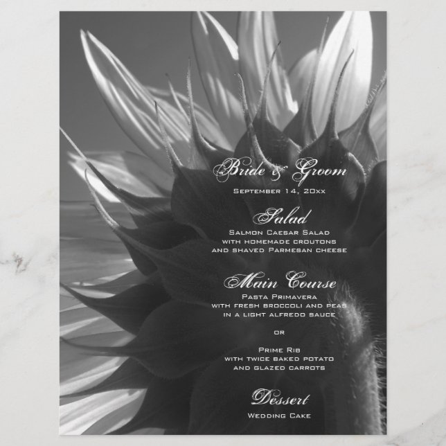 Jardin noir et blanc Tournesol Mariage Menus (Devant)
