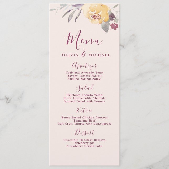Jardin romantique aquarelle mariage à fleurs menu (Devant)