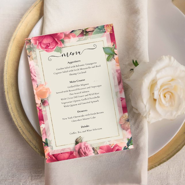 Jardin romantique Floral lumineux Rose Menu Mariag (Romantic Garden Bright Floral Rose Wedding Menu)