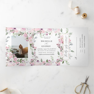 Jardin rose élégant triple faire-part de mariage