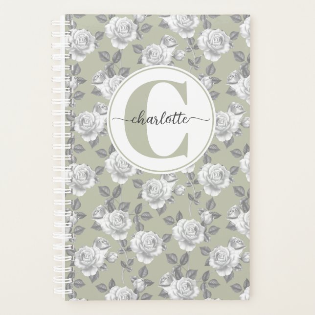 Jardin rose Monogramme Sage Green Planner (Devant)
