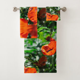 Jardin stylisé fleurs de pavot rouge orange