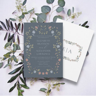 Jardin victorien Dusty Blue Monogram Invitation V4