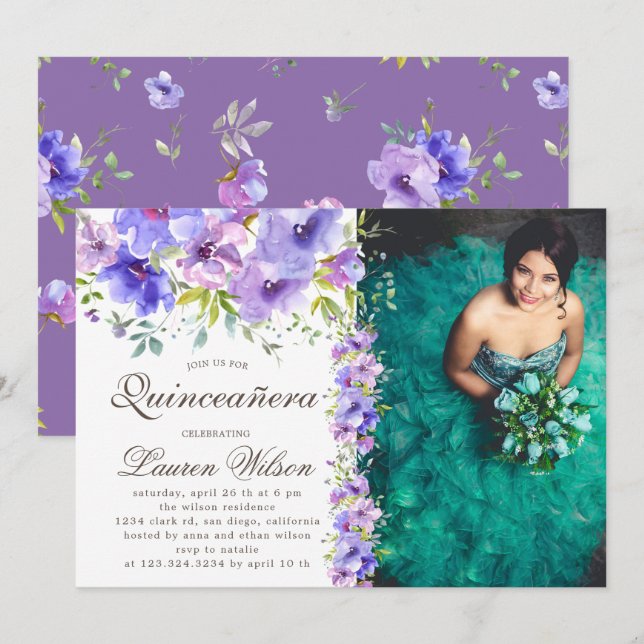 Jardin violet fleuri Quinceanera Photo Invitation (Devant / Derrière)