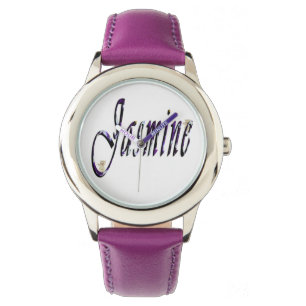 Jasmin, nom, logo, montre en cuir pourpre de
