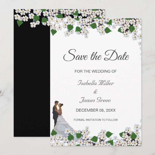 Jasmine sur carte de mariage noir et blanc Save th (Devant / Derrière)