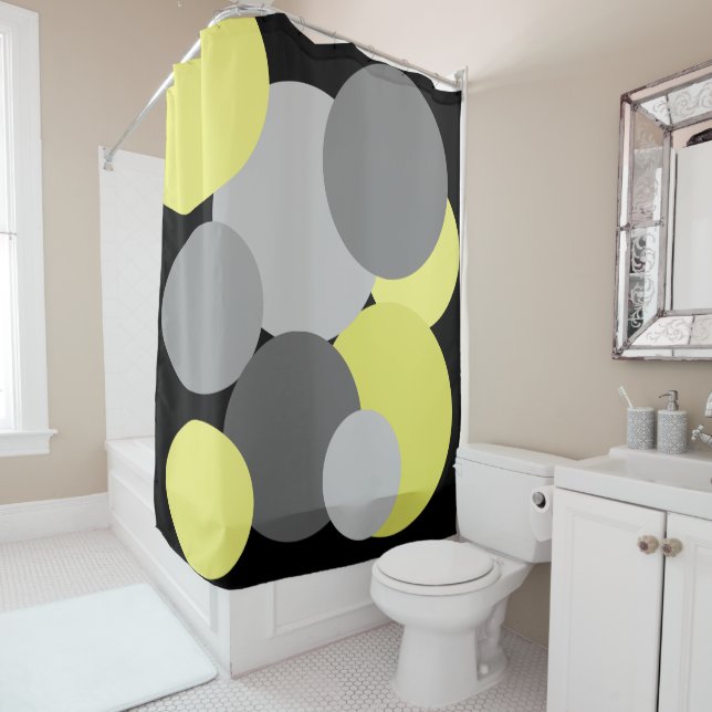 Jaune avec Pois gris rideau de douche (En situation)