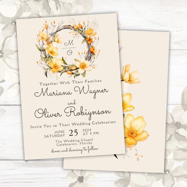 Jaune Beige Romantique Floral Faire-part de mariag (Créateur téléchargé)