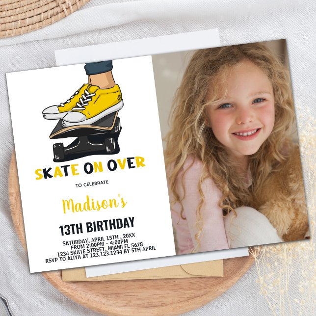 Jaune Black Photo Skateboards Invitation Anniversa (Yellow Black Photo Skateboards Birthday Invitation)
