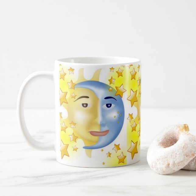 Jaune Bleu Lune Étoiles Jaunes Mug (Avec donut)