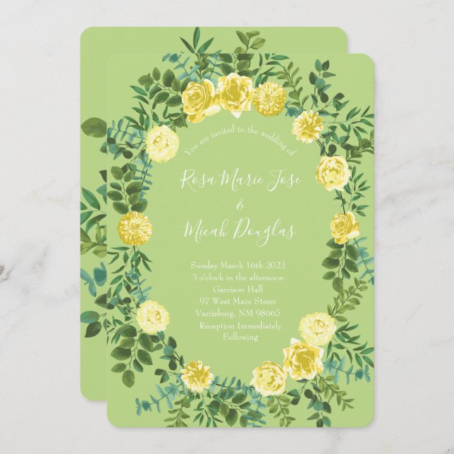 Jaune clair vert pâle Rose de mariage Invitations (Devant / Derrière)