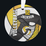 Jaune doré, blanc et noir Volleyball 🏐<br><div class="desc">🥇 UN DESIGN D'ART ORIGINAL DE DROIT D'AUTEUR DE Donna Siegrist SEULEMENT DISPONIBLE SUR ZAZZLE! Joueur de volleyball Sport Ornement de Noël. Impressionnez votre joueur de volley-ball avec ce nom et ce numéro do-it-yourself dans un design jaune doré, noir et blanc (impression sur les deux côtés). Remarque : Toutes les...</div>
