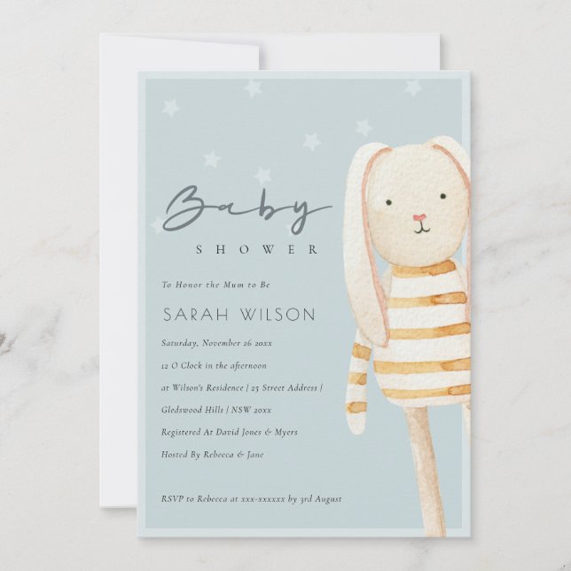 Jaune Dusky Blue Bunny Baby shower Invitation (Devant)