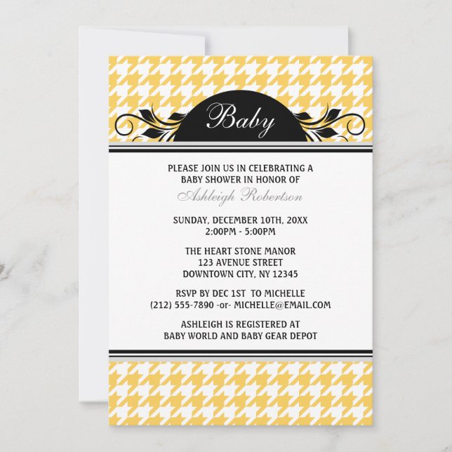 Jaune et blanc Houndstooth Baby Shower Invitations (Devant)