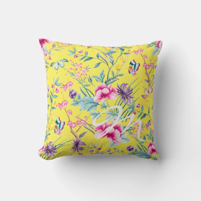 Jaune Floral & Papillon Monogramme Jaune Oreiller (Recto)