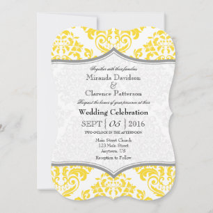 Jaune Gray Damask Mariage de crochet Invitation