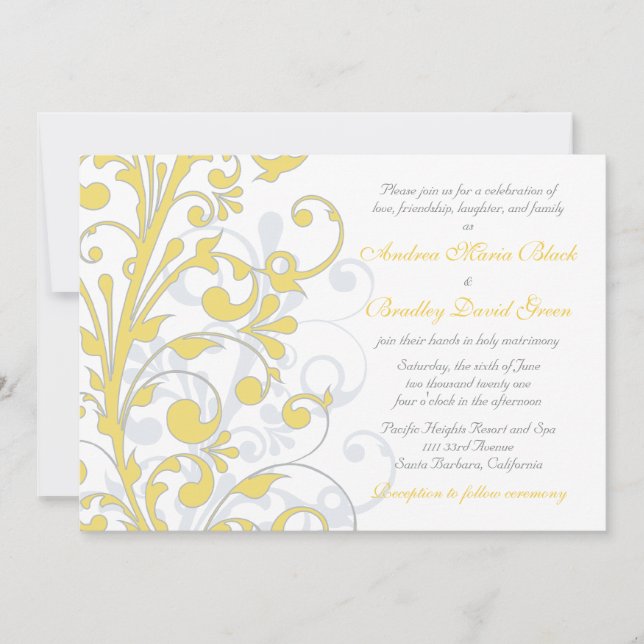 Jaune, gris blanc Faire-part de mariage Floral (Devant)