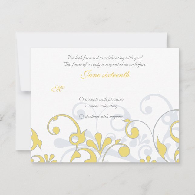 Jaune Gris Blanc Mariage Floral Abstrait RSVP (Devant)