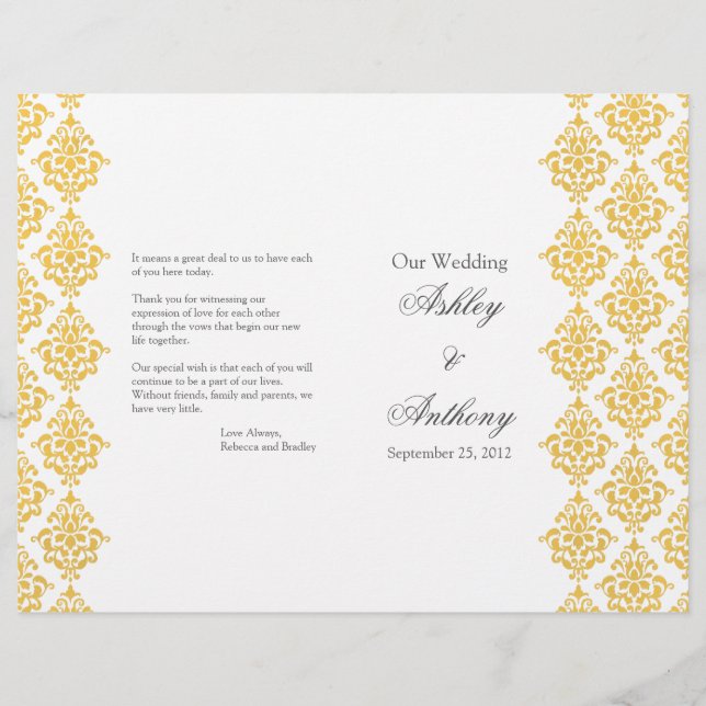 Jaune Gris Damas Programme de mariage pliable (Devant)