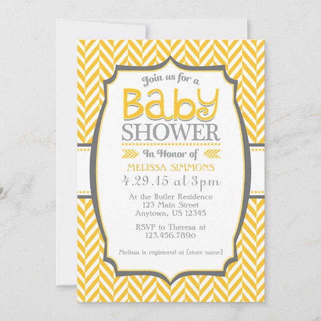 Jaune Gris Herringbone Baby Shower Invitations (Devant)