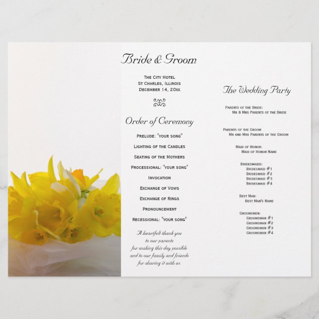 Jaune jonquilles sur le programme de mariage trico (Devant)