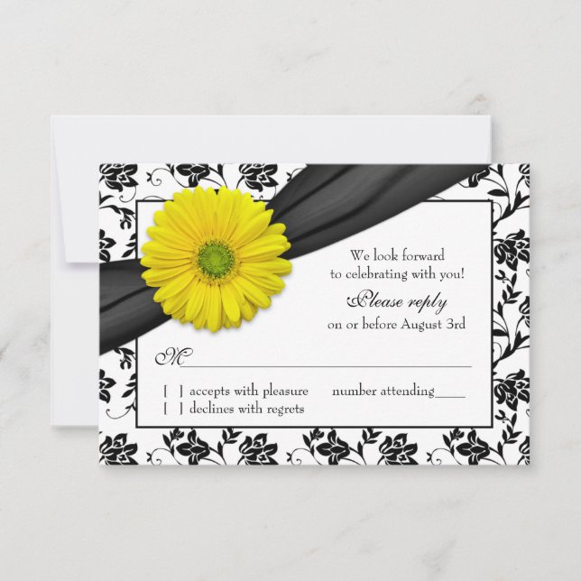 Jaune Marguerite Noir Blanc Floral Mariage RSVP (Devant)