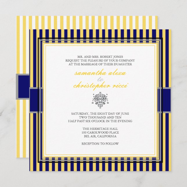 JAUNE+MARINE BLEUE STRIPS INVITATIONS DE MARIAGE (Devant / Derrière)