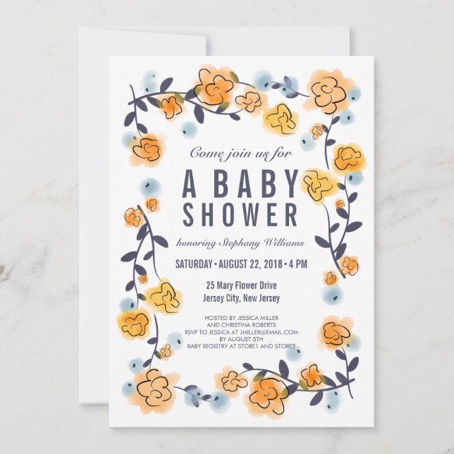 Jaune Orange Florale Baby shower Invitation fille (Devant)