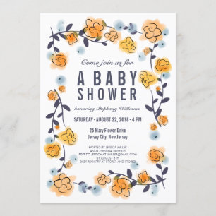 Jaune Orange Florale Baby shower Invitation fille