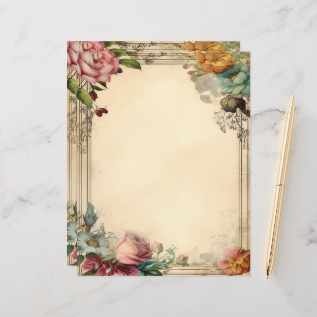 Jaune rose bleu Floral Junk Journal Vintage (Devant/Arrière en situation)