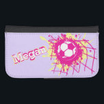 Jaune rose violet filles soccer nommé coque de rab<br><div class="desc">Bright rose,  jaune et violet football / balle de football à l'arrière du but / net pour les filles téléphone portable cas. Idéal pour les filles footballeurs et les joueuses de football,  personnalisez avec votre propre nom lit actuellement Megan. Conçu par Sarah Trett.</div>