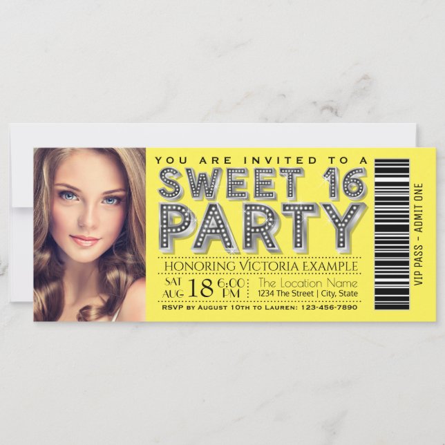 Jaune Sweet 16 Anniversaire Fête Billet Invitation (Devant)