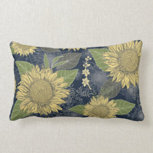 Jaune Tournesol Floral Marine Bleu Lumbar Coussin