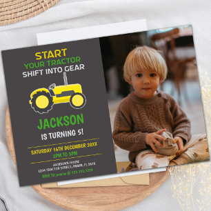 Jaune Tracteur noir Invitations Anniversaire avec