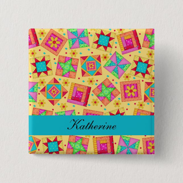 Jaune Turquoise Patchwork Quilt Blocks Nom Badge (Devant)