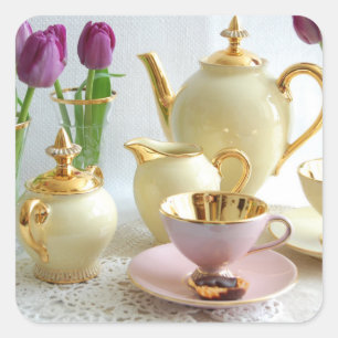 Jaune vintage, or et autocollants de thé rose/café