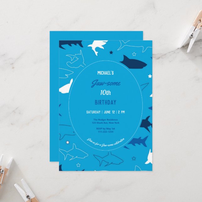 Jaw-some Shark Invitation de fête d'anniversaire (Devant/Arrière en situation)