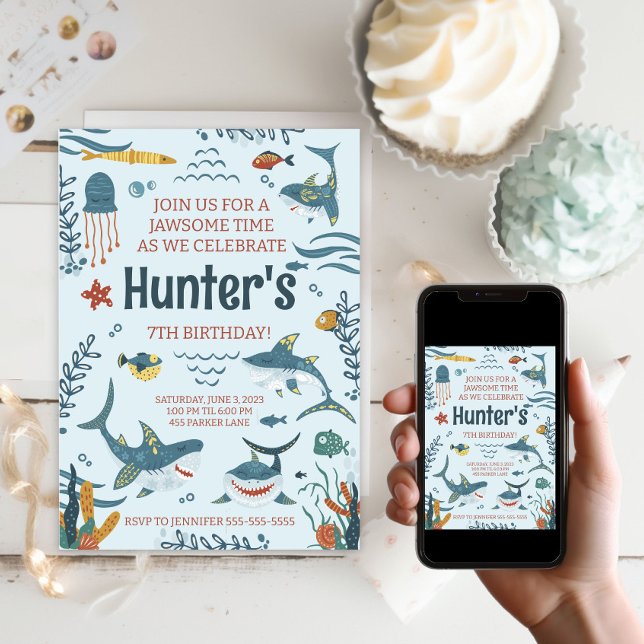 Jawsome Requin Thème Anniversaire Invitation N'imp (Jawsome Shark Themed Birthday Invitation Any Age
)