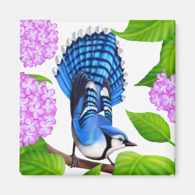 Jay bleu à Hydrangeas Aimant d'oiseaux (Devant)